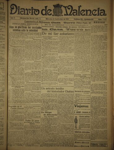 Ejemplar del Diario de Valencia. 15 de septiembre de 1920. Ministerio de Cultura.