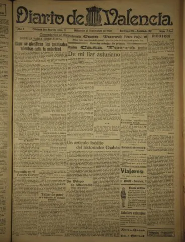 Ejemplar del Diario de Valencia. 15 de septiembre de 1920. Ministerio de Cultura.