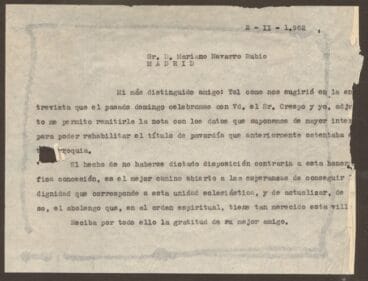 Documento que acredita la correspondencia entre Jávea y Madrid, para restituir el cargo de pavorde. 2 de febrero de 1962 | Foto AMX