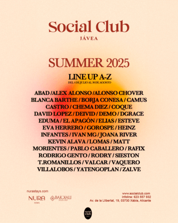 Cartel de los artistas con los que disfrutar en Social Club Jávea