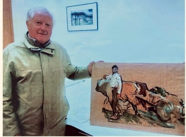 Imagen: José Andrada Belenguer posa con el boceto de Sorolla en la exposición de 2008 en Valencia. Archivo de Miguel Andrada Vercher