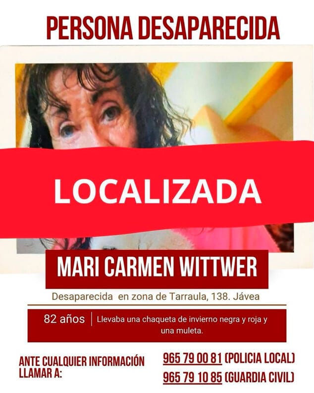 Imagen: Cartel de búsqueda finalizada de la vecina de Xàbia Mari Carmen Wittwer