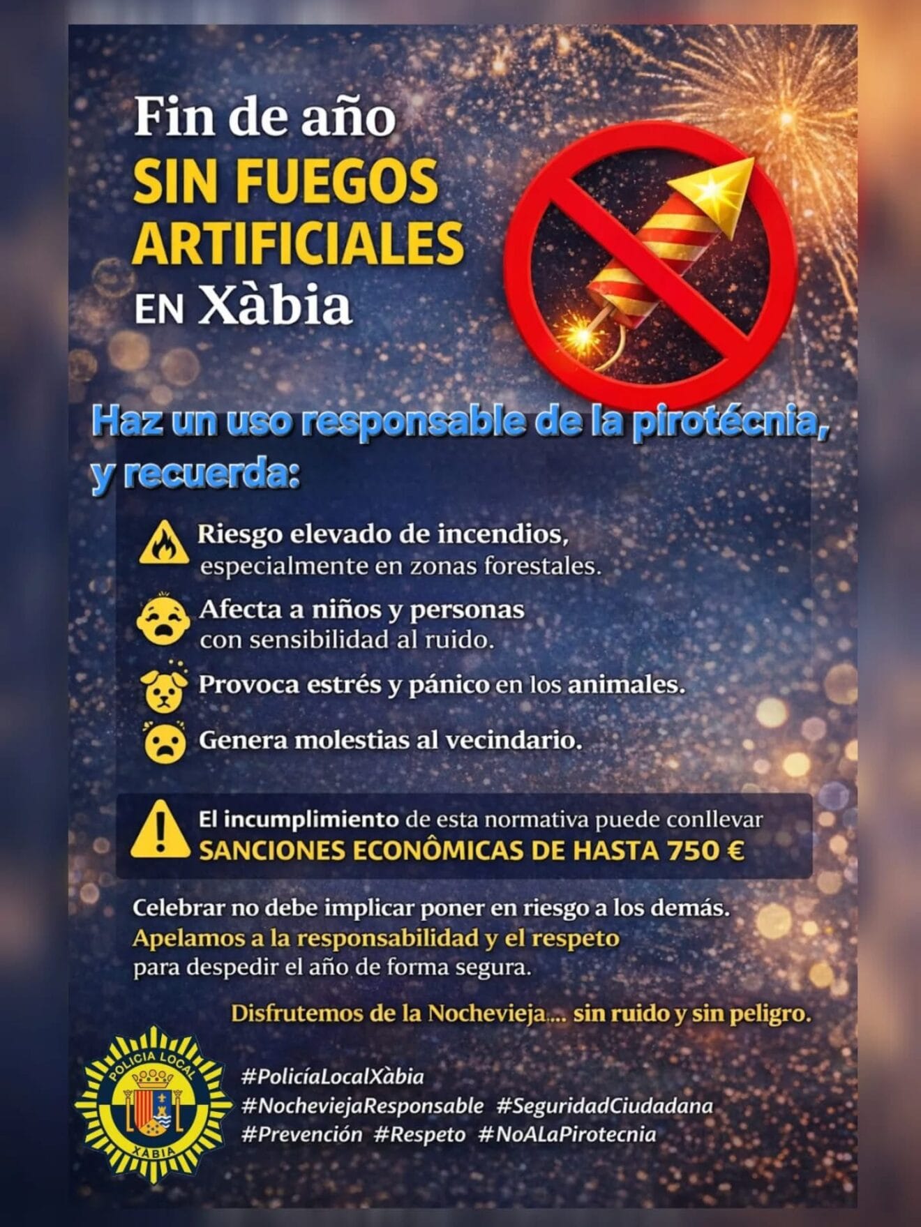 Comunicado de uso de pirotecnia en Nochevieja en Xàbia