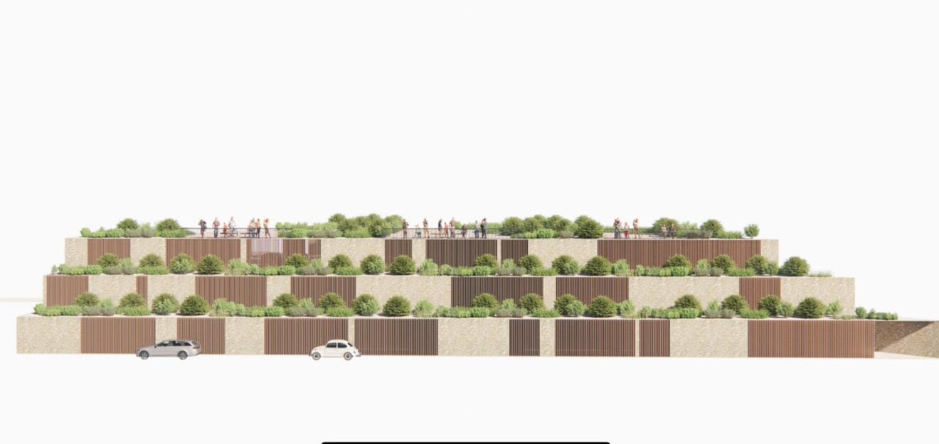 Edificio del aparcamiento escalonado con jardín autóctono