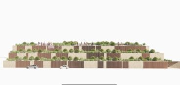 Edificio del aparcamiento escalonado con jardín autóctono