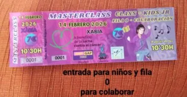 Ticket solidario de acceso a la masterclass de zumba del 14 de febrero, cuya recaudación se destina a apoyar la lucha contra el cáncer