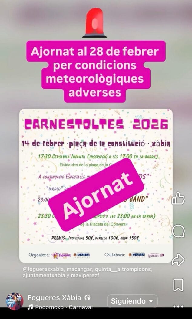 Imagen: Cartel aplazamiento Carnaval Xàbia