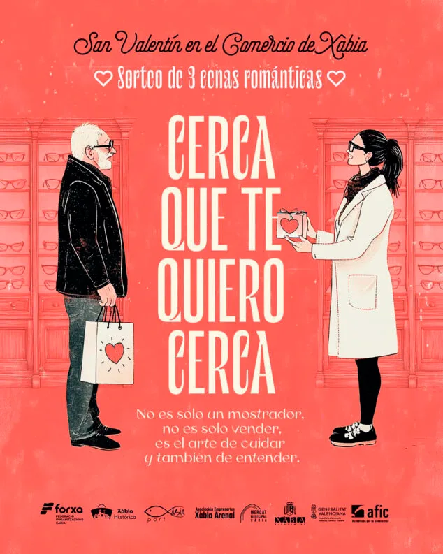 Imagen: Imagen de la campaña “Cerca que te quiero cerca” por San Valentín en el comercio de Xàbia