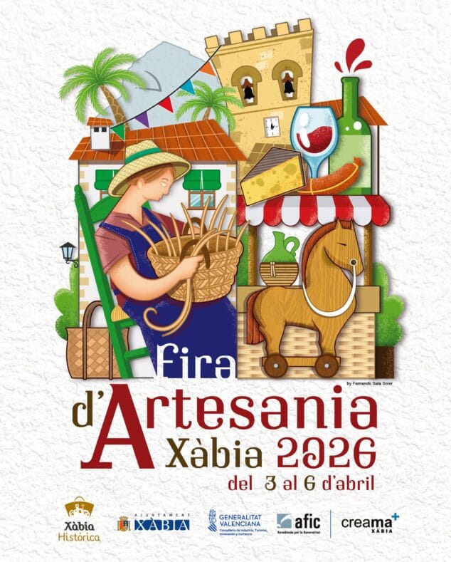 Imagen: Cartel ilustrado anunciando la Fira d'Artesania Xàbia 2026 con una artesana, productos locales y edificios históricos.