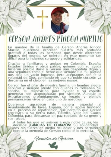 Comunicado de la familia de Gerson en agradecimiento a la ciudadanía