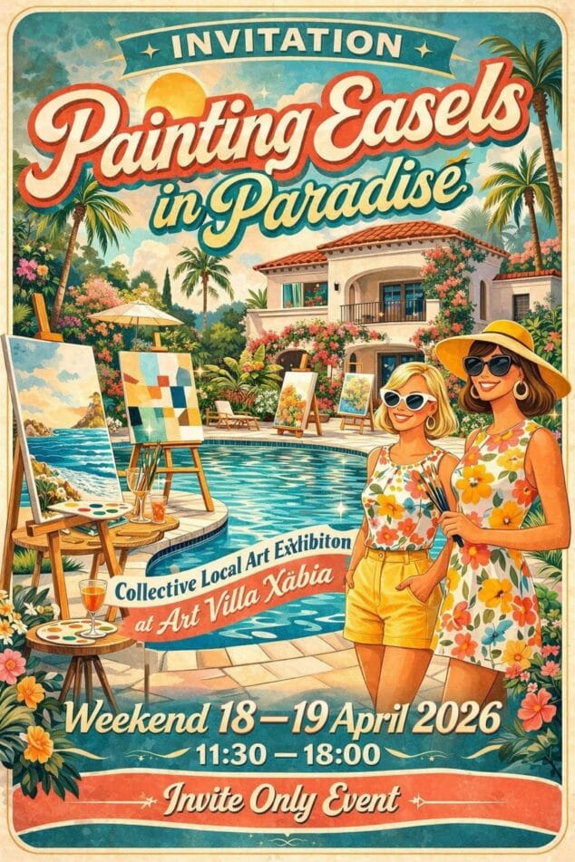 Imagen: Cartel de invitación estilo vintage para la exposición de arte "Painting Easels in Paradise" en Art Villa Xabia, con dos mujeres y caballetes junto a una piscina.