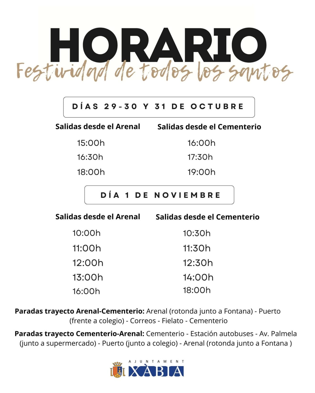 Horario del servicio especial de autobús para Todos los Santos en Xàbia