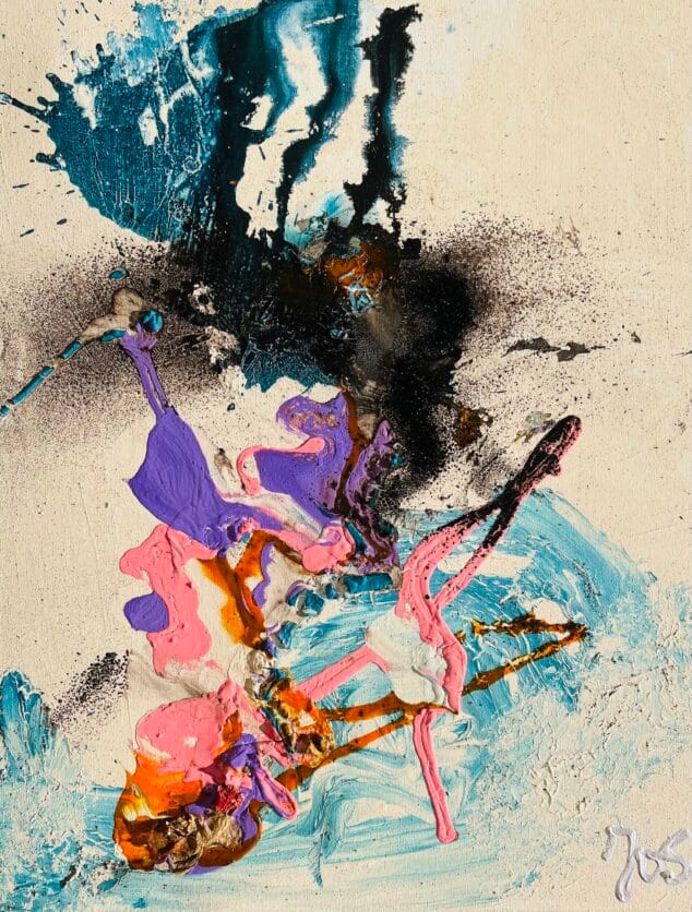 Imagen: Pintura de cuatro mujeres con gorros de baño y gafas de sol, parte de una exposición de arte.