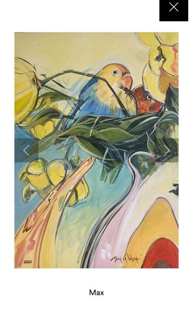 Imagen: Pintura abstracta de paisaje con capas de colores azul, naranja y morado