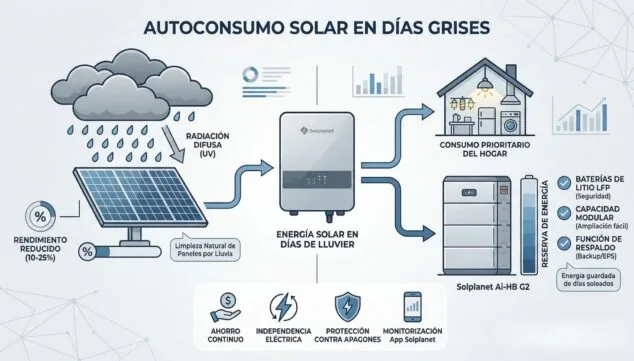 Imagen: Infografía sobre el funcionamiento del autoconsumo solar durante el mal tiempo
