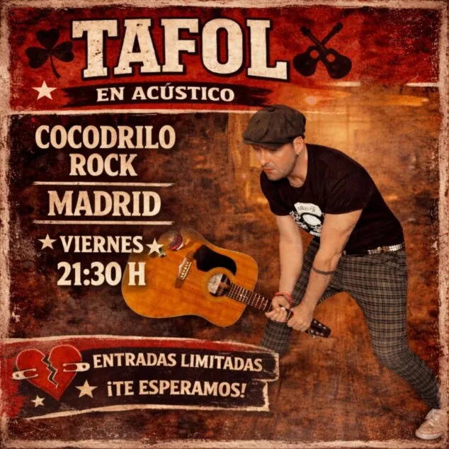 Cartel del concierto acústico de Tafol en Cocodrilo Rock Madrid, con una imagen del artista con gorra y guitarra