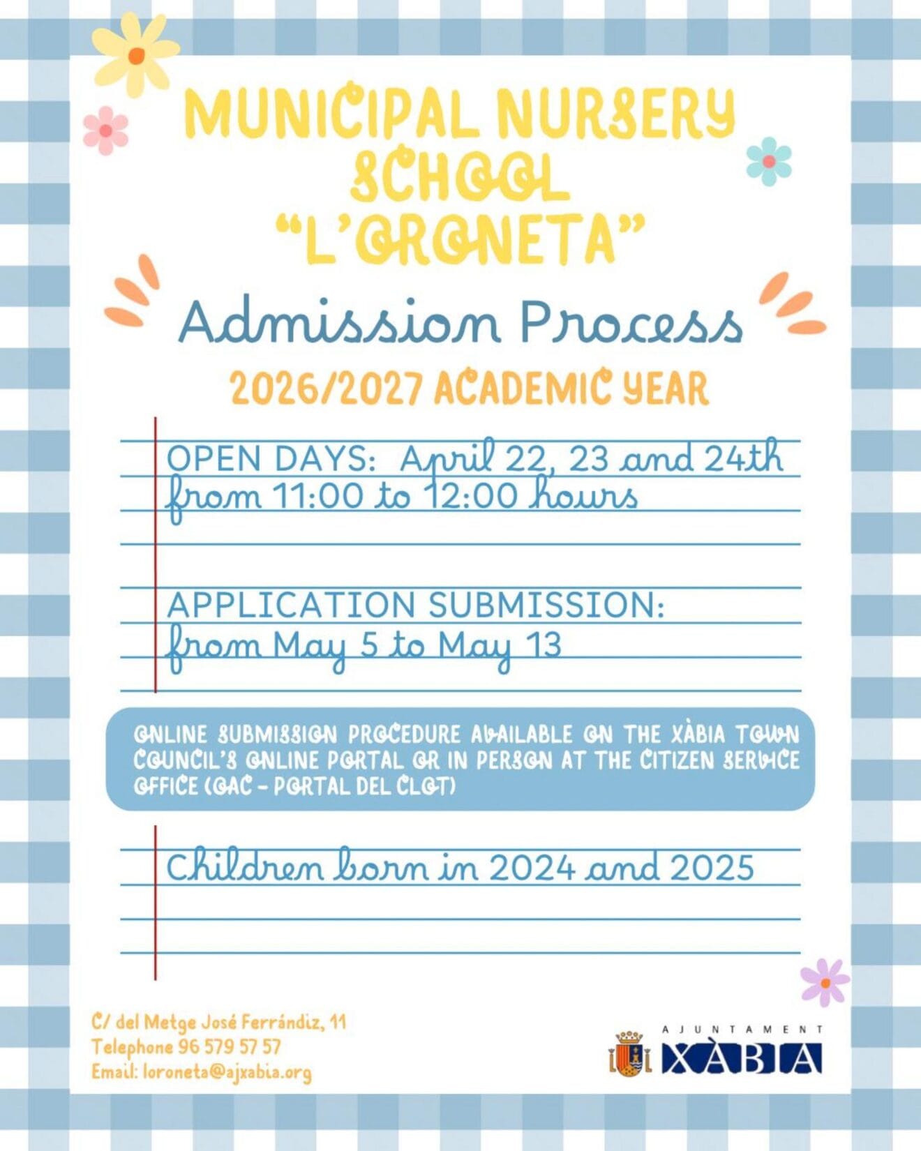 Cartel informativo sobre la admisión en la Escoleta Infantil Municipal L’Oroneta.