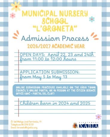 Cartel informativo sobre la admisión en la Escoleta Infantil Municipal L’Oroneta.