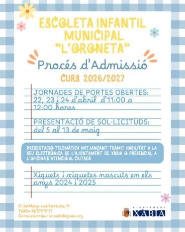 Cartel informativo del proceso de admisión de la escoleta L’Oroneta para el curso 2026-2027