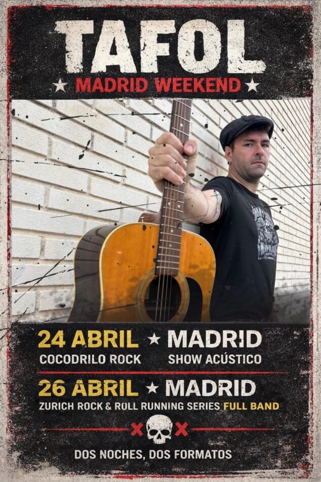 Imagen: Cartel de los conciertos de Tafol en Madrid, con una foto del artista sosteniendo una guitarra acústica.