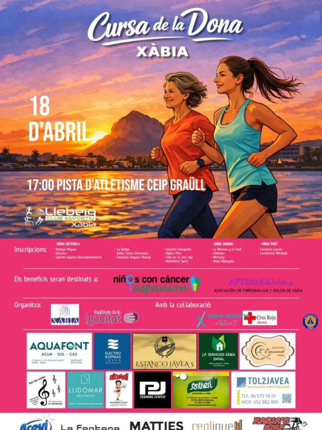 Imagen: Cartel promocional de la Cursa de la Dona Xàbia con fecha 18 de abril e información de inscripción y patrocinadores.