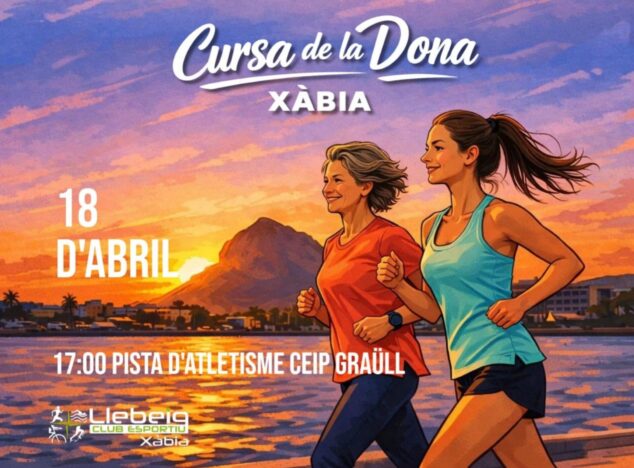 Cartel promocional de la Cursa de la Dona Xàbia con fecha 18 de abril e información de inscripción y patrocinadores.