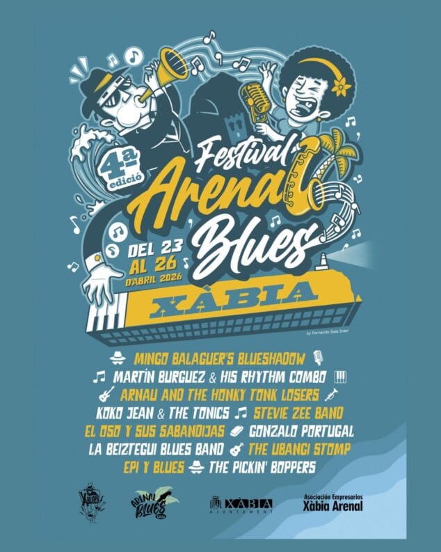 Imagen: Cartel ilustrado del 4º Festival Arena Blues en Xàbia, del 23 al 26 de abril de 2026, con la lista de grupos de blues participantes.