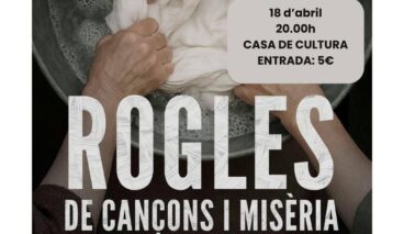 Cartel de la obra de teatro 'Rogles de cançons i misèria' con manos lavando ropa en un barreño y detalles de la función.