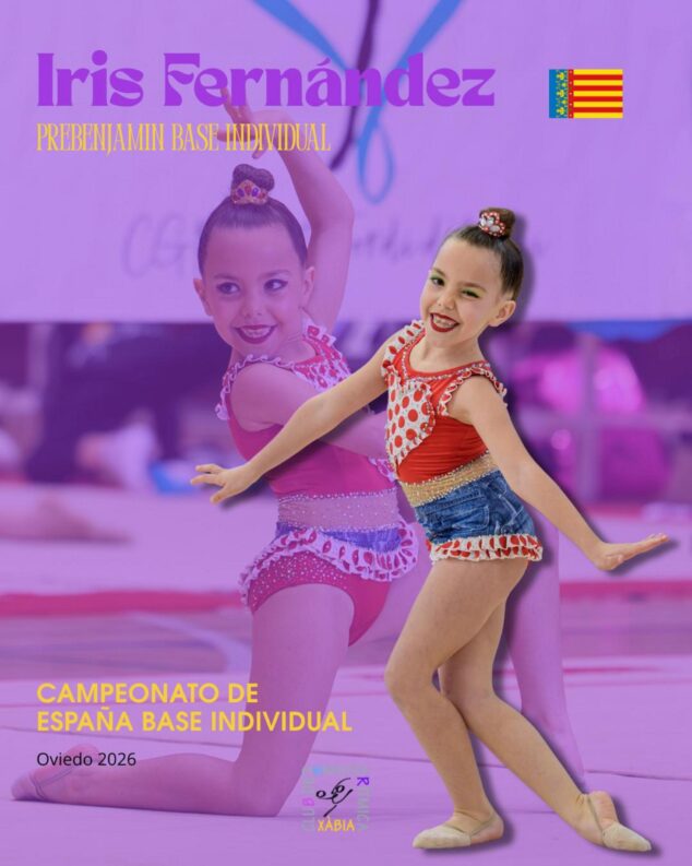 Imagen: Cartel promocional de la gimnasta Iris Fernández para el Campeonato de España Base Individual Oviedo 2026, categoría Prebenjamín Base Individual, con el logo del Club Gimnàstica Rítmica Xàbia.