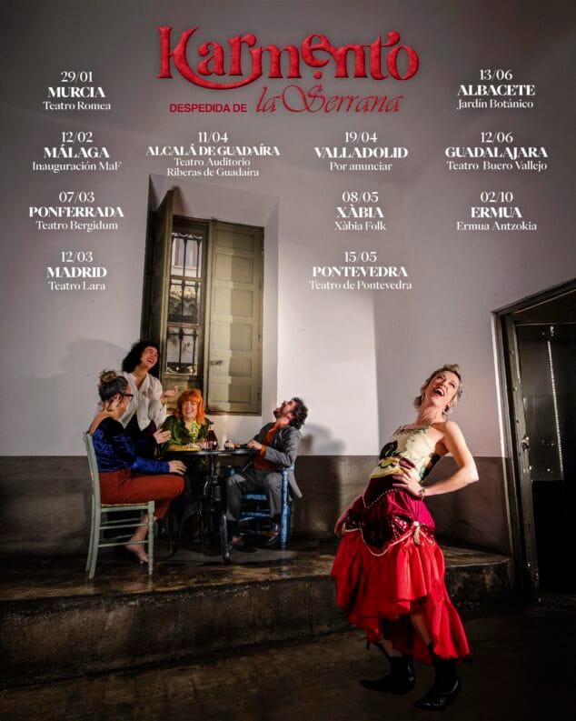 Abbildung: Plakat für die Tournee „Karmento – Abschied von La Serrana“ mit einem Foto der Künstlerin und ihrer Band sowie einer Liste der Konzerttermine und -orte.