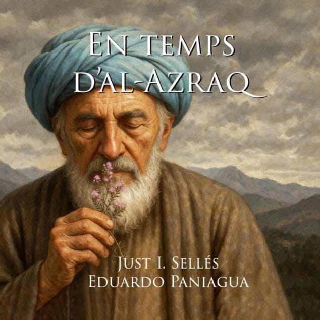 Imagen: Portada del libro-disco "En temps d'al-Azraq" con ilustración de un hombre con turbante oliendo una flor y los nombres de Just I. Sellés y Eduardo Paniagua.