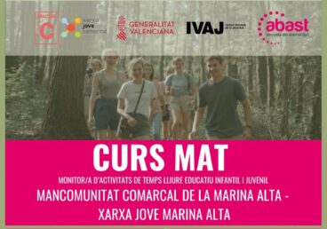 Cartel del Curs MAT de monitor de actividades de tiempo libre en la Marina Alta, con fechas, precio y requisitos.