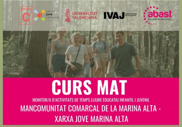 Cartel del Curs MAT de monitor de actividades de tiempo libre en la Marina Alta, con fechas, precio y requisitos.