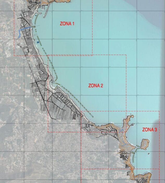 Imagen: Mapa técnico de la costa de Xàbia dividido en Zona 1, Zona 2 y Zona 3 para el proyecto de balizamiento.