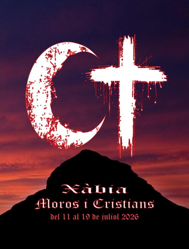 Imagen: Cartel de las fiestas de Moros i Cristians de Xàbia 2026 con los símbolos de la media luna y la cruz sobre la silueta del Montgó.