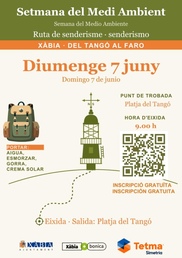 Imagen: Cartel de la ruta de senderismo 'Setmana del Medi Ambient' en Xàbia con fecha, hora, punto de encuentro y código QR.