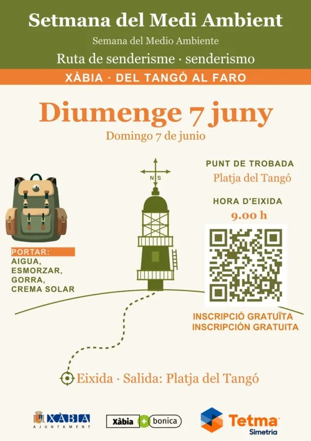 Imagen: Cartel de la ruta de senderismo 'Setmana del Medi Ambient' en Xàbia con fecha, hora, punto de encuentro y código QR.