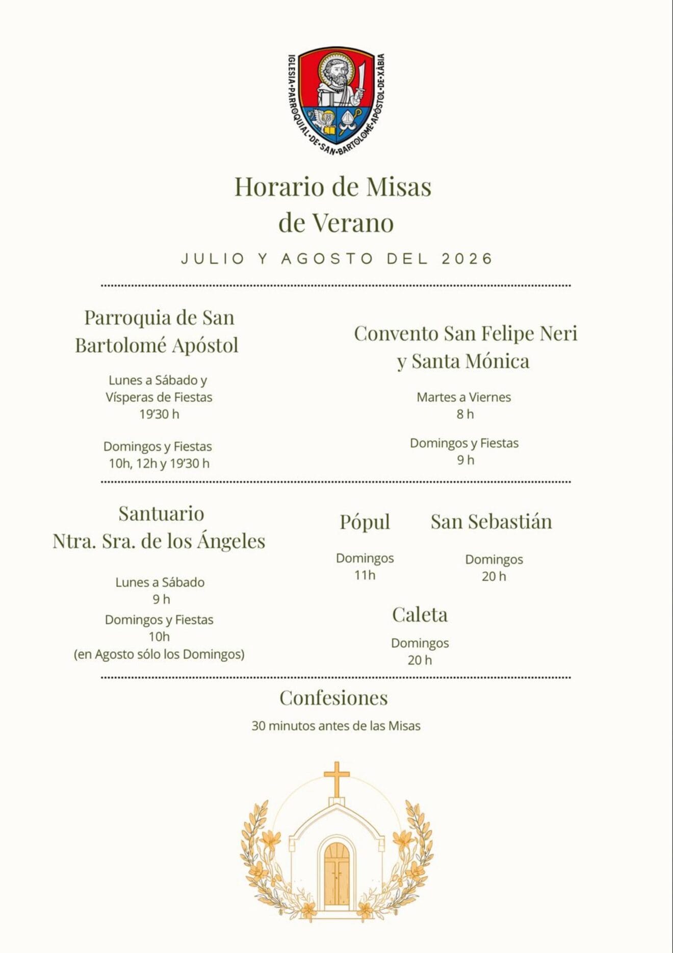 Horario Misas Verano 2026 Xàbia