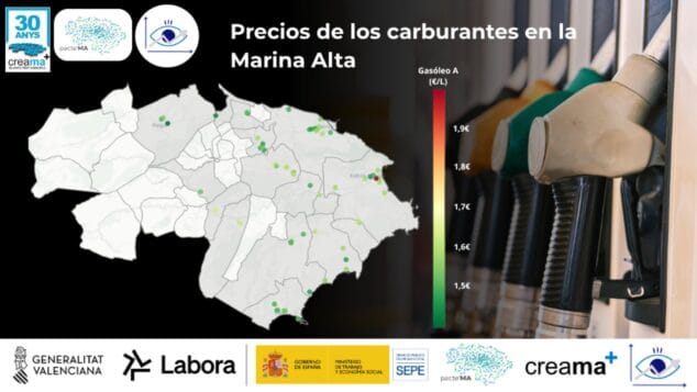 Mapa y gráfico del visor interactivo de precios de carburantes en la Marina Alta.