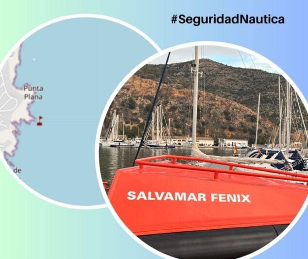 Imagen: Composición gráfica con la embarcación de rescate naranja Salvamar Fénix en un puerto y un mapa de la zona costera a la izquierda.