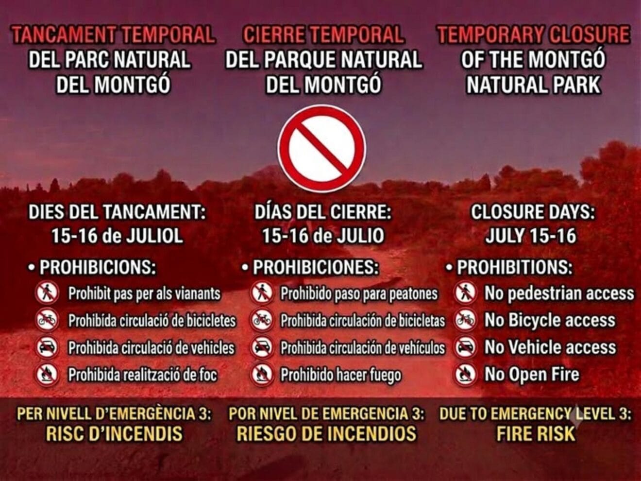 Cartel informativo cierre Parque Natural del Montgó