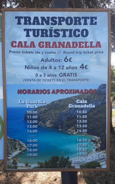Horarios y precios del transporte a Cala Granadella