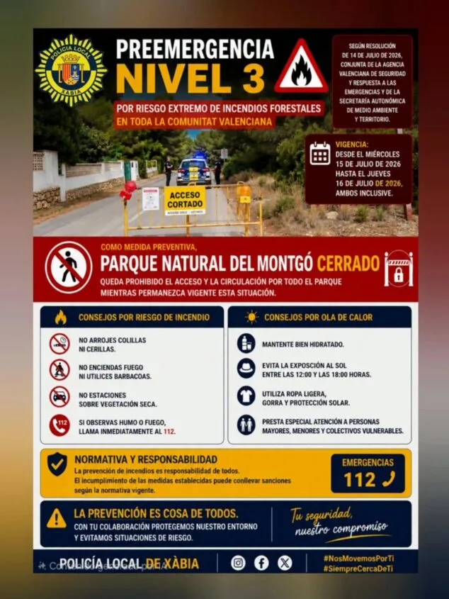 Immagine: Manifesto della Polizia Locale di Xàbia relativo all'allerta incendi di livello 3, alla chiusura di Montgó e ai consigli per la prevenzione.