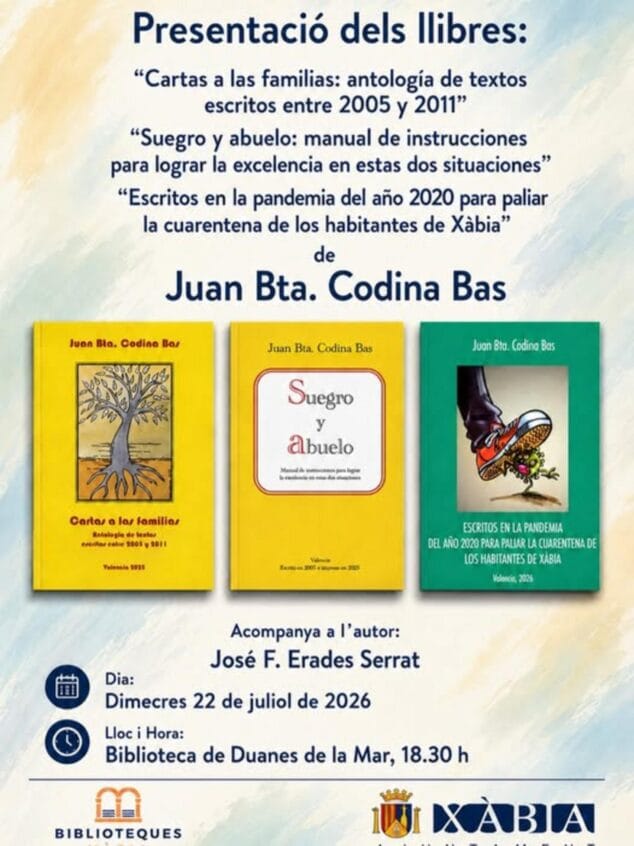 Imagen: Cartel de la presentación de libros de Juan Bta. Codina Bas en Xàbia con fecha y lugar.