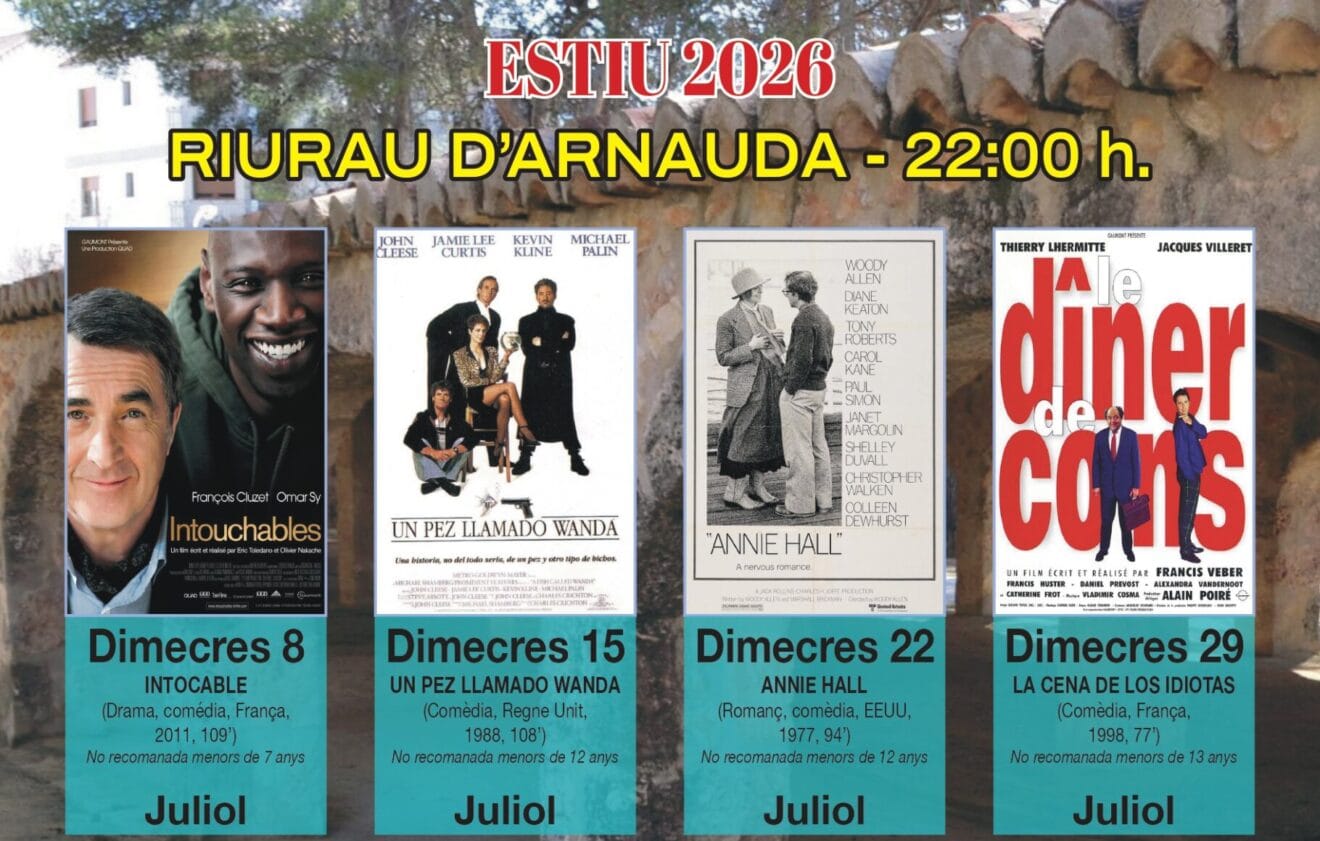 Cartel del ciclo «Cinema a la Fresca», que llevará proyecciones gratuitas al Riurau d'Arnauda todos los miércoles de julio y agosto