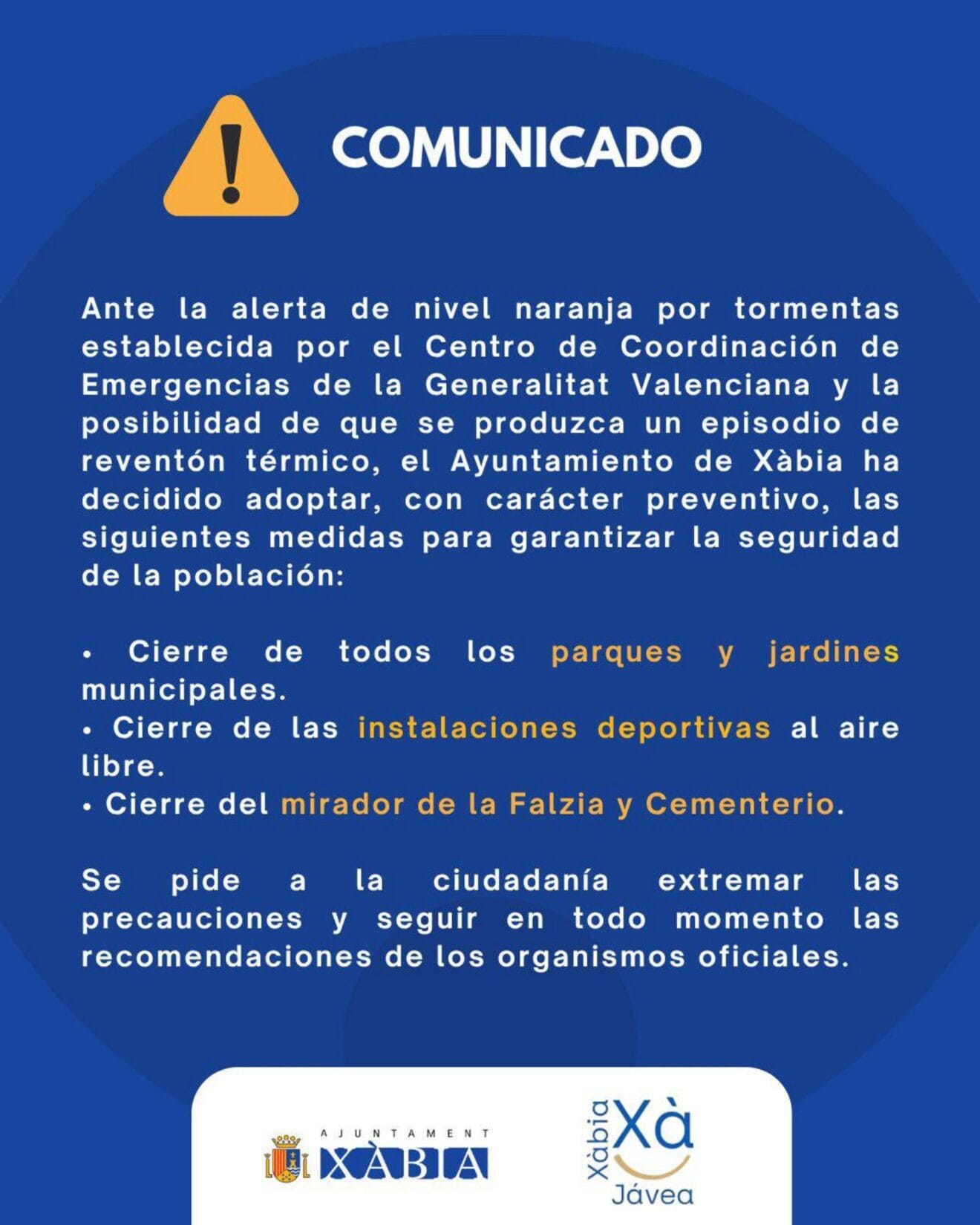 Comunicado del Ayuntamiento de Xàbia sobre medidas por alerta naranja
