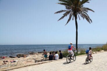 Dos personas en bicicleta por un paseo marítimo con una palmera, y un grupo de gente sentada en las rocas junto al mar en un día soleado.