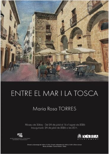 Uno de los carteles de la exposición con la acuarela de la Plaça de Baix