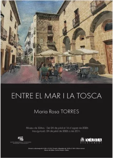 Uno de los carteles de la exposición con la acuarela de la Plaça de Baix
