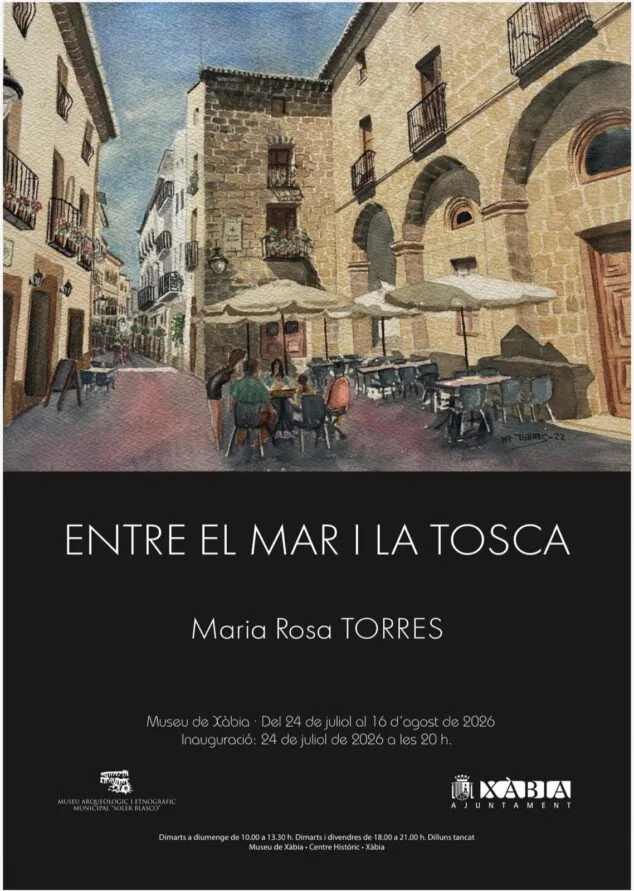 Imagen: Uno de los carteles de la exposición con la acuarela de la Plaça de Baix
